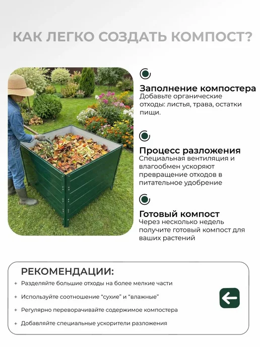 Компостер садовый 900 литров Зеленый (RAL 6005), с крышкой, серый, фото 6