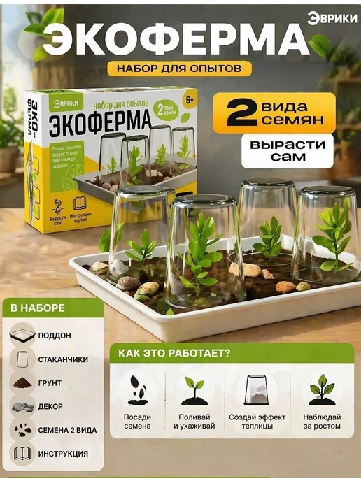 Эврики Набор для опытов выращиваем травку экоферма, вариант