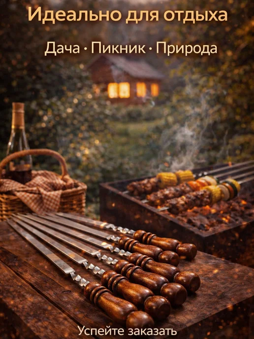 HOME ДАЧА Шампуры для мангала 10 шт с деревянной ручкой 60 см, 10 шт, фото 7