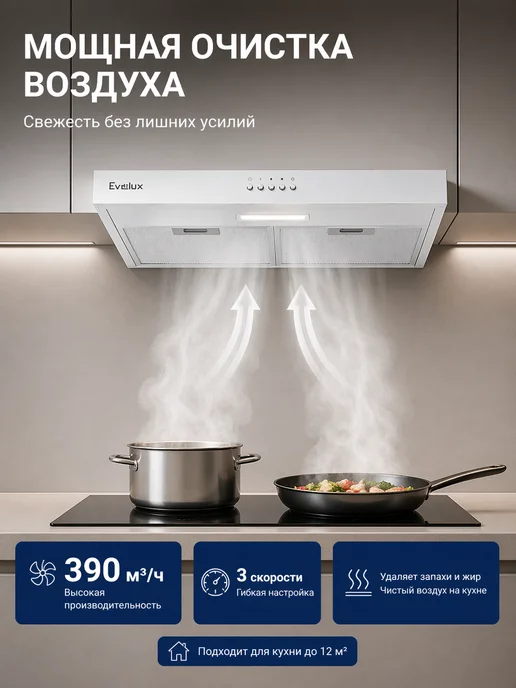 EVELUX Вытяжка кухонная 60 см подвесная Ulla 60 W, белый, 60 Вт, фото 3