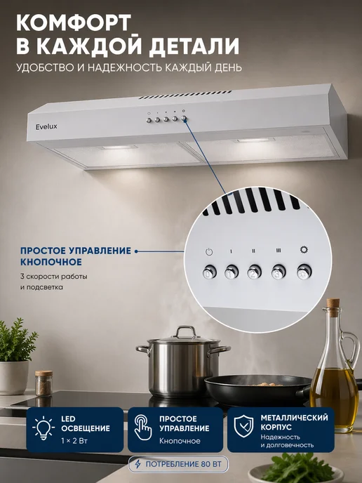 EVELUX Вытяжка кухонная 60 см подвесная Ulla 60 W, белый, 60 Вт, фото 5