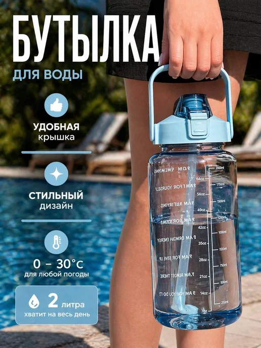 Спортивная бутылка для воды 2 л, голубая, 2 л, фото 2