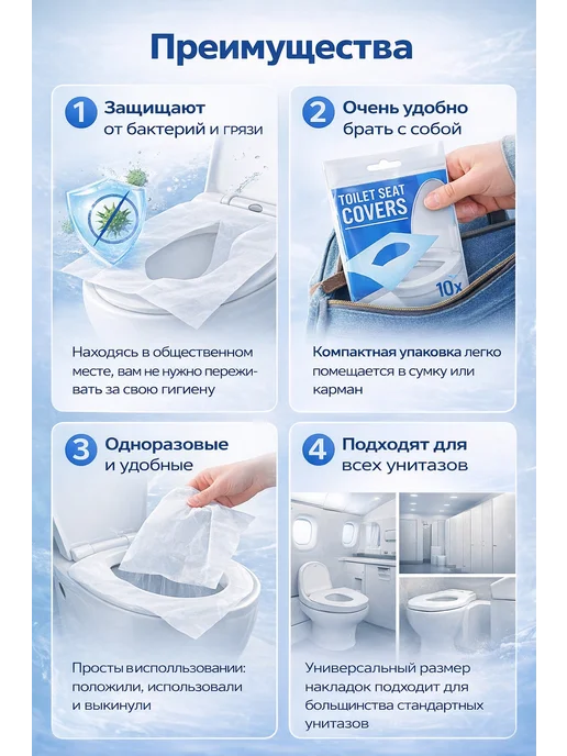 одноразовые накладки на сиденье унитаза 10 штук, белый, фото 2