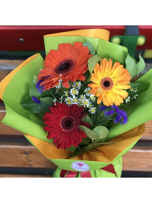 FlorPro Flowers Букет живых цветов из 3 гербер микс с ромашкой, красный, фото 2