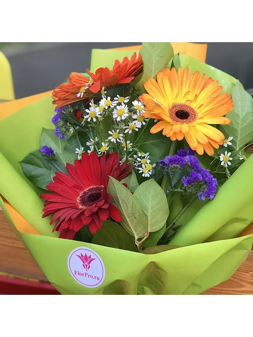 FlorPro Flowers Букет живых цветов из 3 гербер микс с ромашкой, красный, фото 3