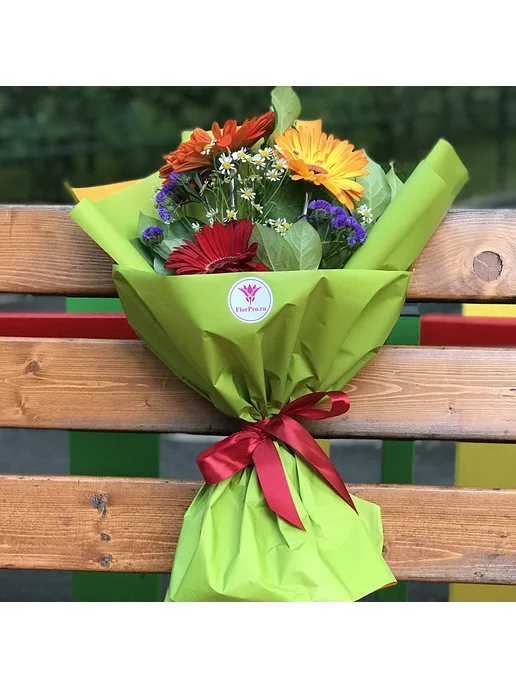 FlorPro Flowers Букет живых цветов из 3 гербер микс с ромашкой, красный, фото 4
