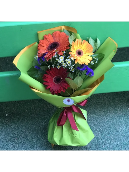 FlorPro Flowers Букет живых цветов из 3 гербер микс с ромашкой, красный, фото 5