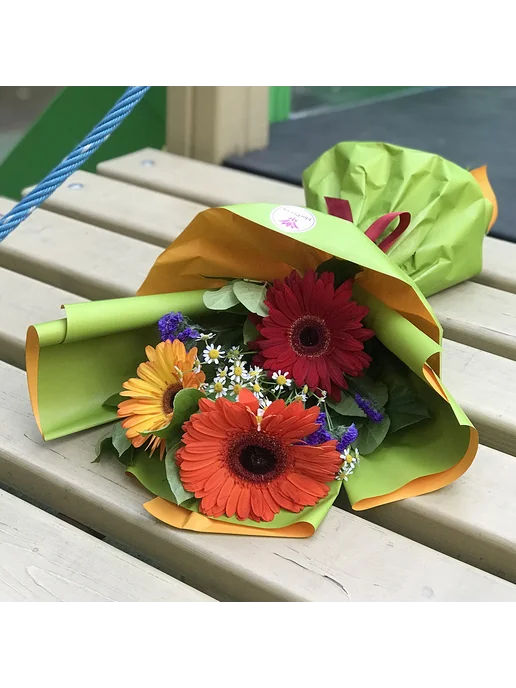 FlorPro Flowers Букет живых цветов из 3 гербер микс с ромашкой, красный, фото 6