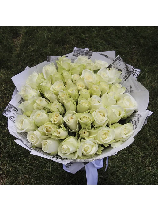 FlorPro Flowers Букет живых цветов из 51 белой розы "МОНО №5", белый, фото 3