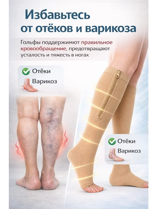 саске Компрессионные гольфы на молнии медицинские против, бежевый, фото 2