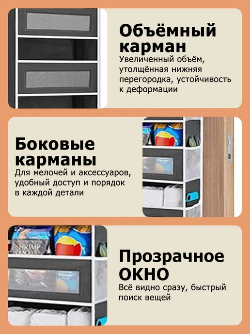Органайзер подвесной на дверь для хранения вещей и белья, черный, фото 4