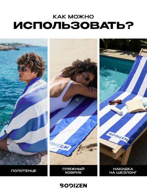 BODIZEN Полотенце пляжное из микрофибры, 160х80см, синее, синий, фото 5