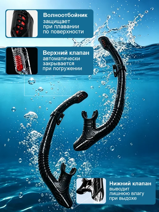 Маска для плавания и снорклинга с трубкой, черный, фото 2