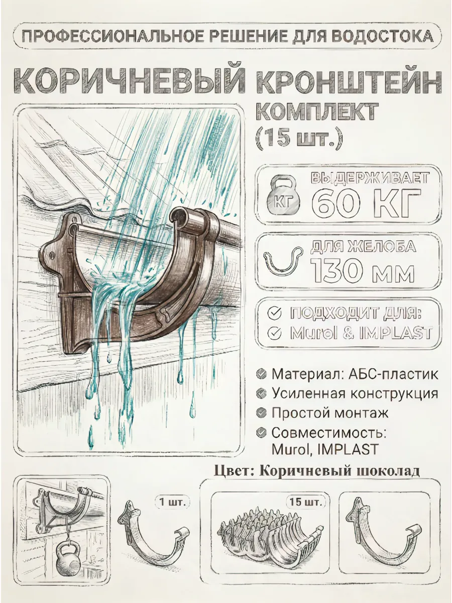 Пластик кронштейн 130 мм для водостока G130/80, кор, 15 шт