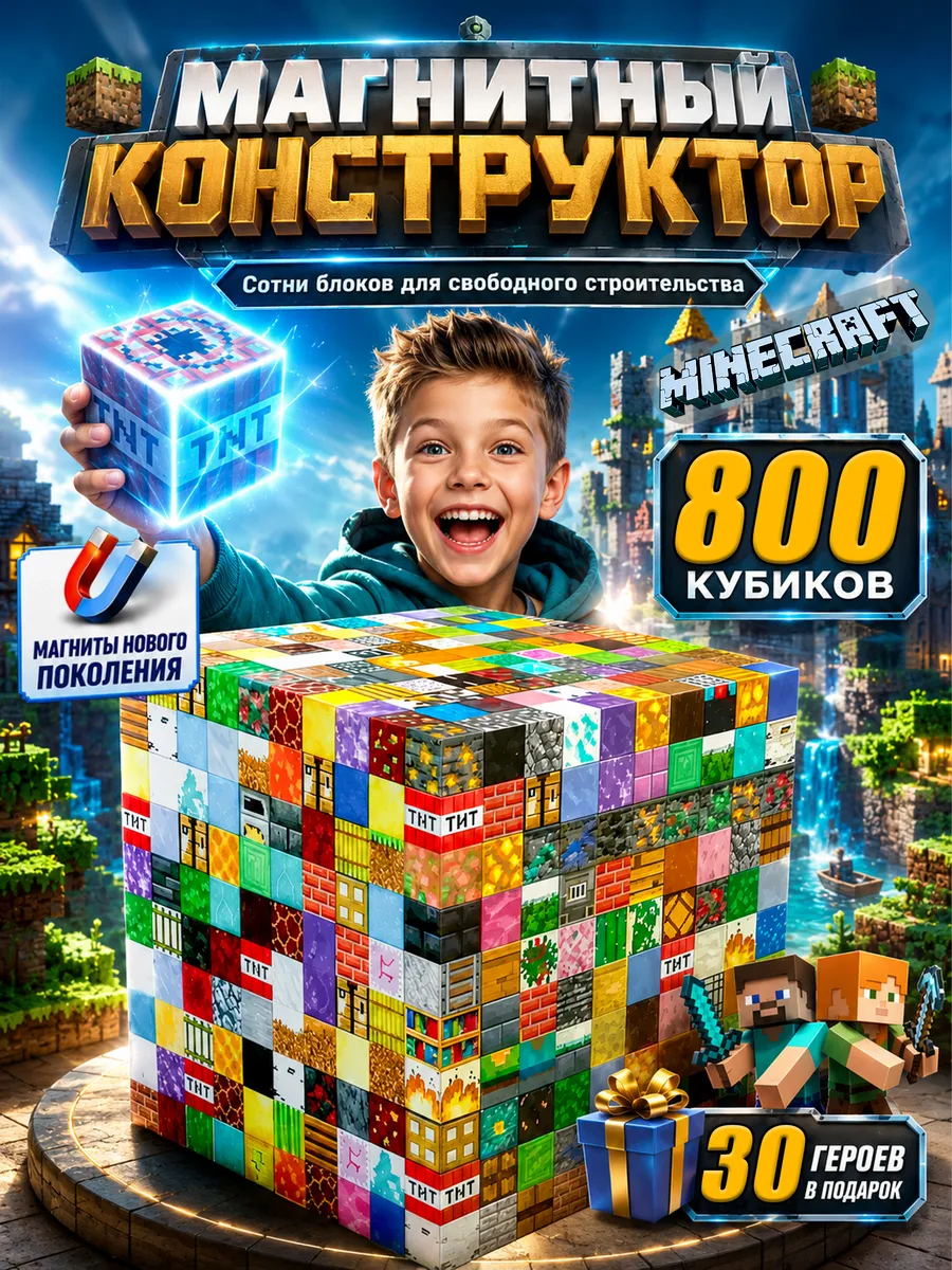 Магнитный конструктор Майнкрафт 800 блоков
