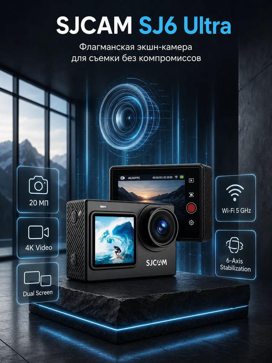 Sjcam Экшн-камера SJ6 Ultra, 20 МП, 4K, Wi-Fi