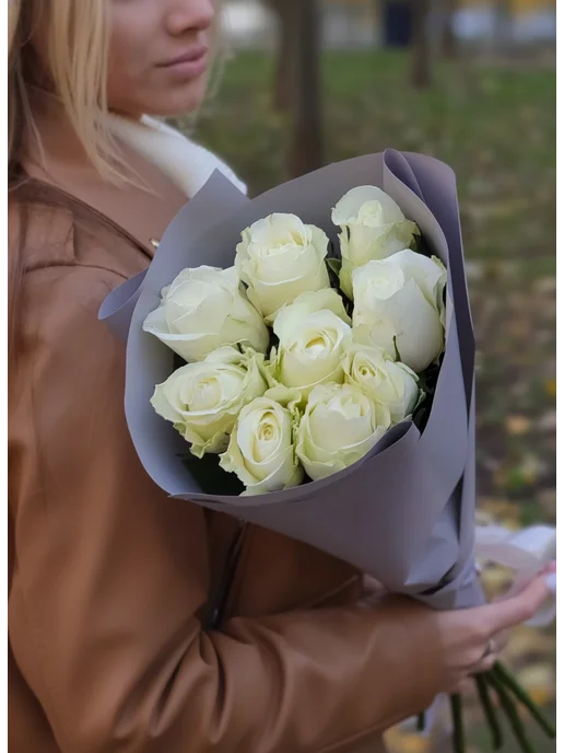 ROZA4U Букет живых цветов из 25 белых роз 60 см, белый, фото 5