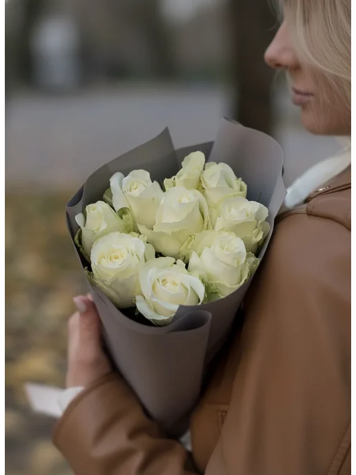 ROZA4U Букет живых цветов из 25 белых роз 60 см, белый, фото 6