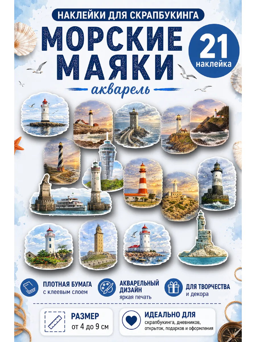 Наклейки для скрапбукинга морские маяки акварель, 21 шт