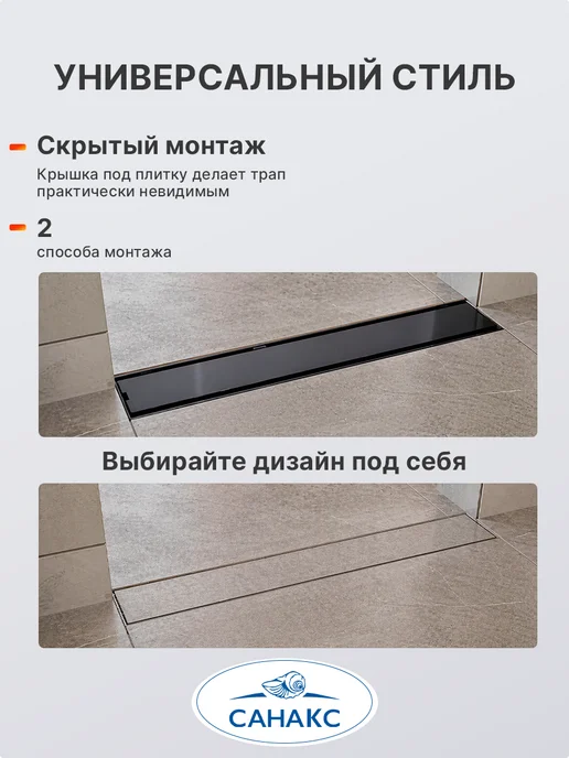 САНАКС Трап для душа под плитку с гидрозатвором 500х70мм черный, черный, фото 7