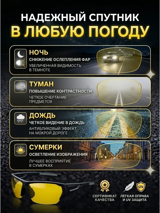 Очки поляризационные мужские UV400 антифары для водителя, желтый, фото 5