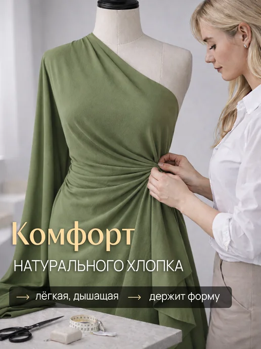 НИТЕКА Ткань для шитья и рукоделия хлопок 100% жатка жатый, зеленый, фото 2