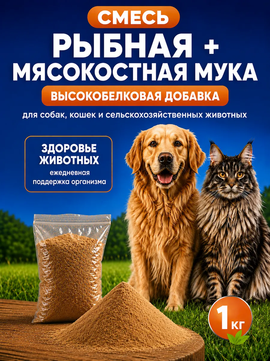 Смесь мясокостной и рыбной муки для кошек и собак 1 кг