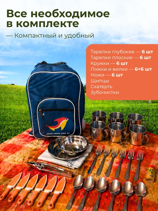 Набор посуды туристический на 6 персон, синий, фото 2