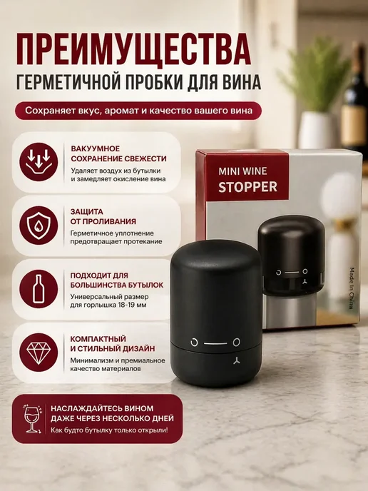 Космо.Ди Пробка для вина многоразовая вакуумная, черный, фото 2