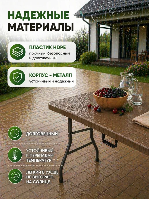 HUMBLE Стол складной туристический пластиковый 180см ротанг, коричневый, фото 3