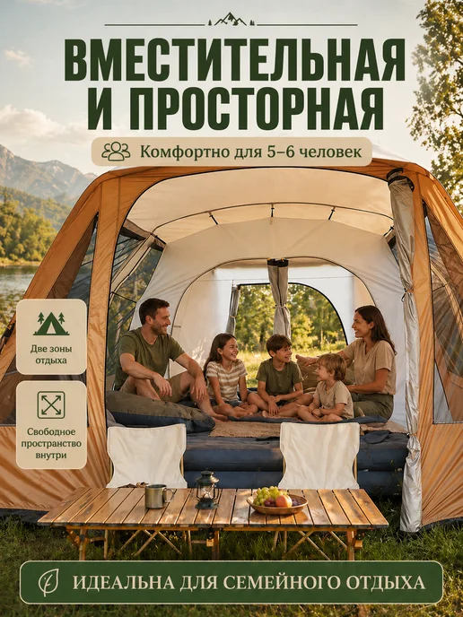 MikaMax Палатка ангар туристическая большая 6 местная с тамбуром, коричневый, фото 5