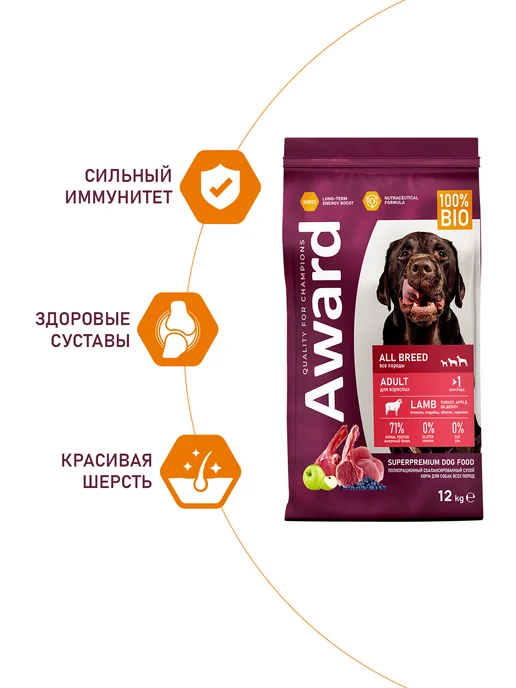 Сухой корм AWARD для собак, индейка, ягненок, 12 кг, фото 2