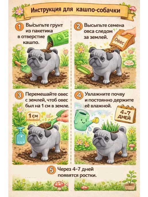 Sweet hobby Набор для самостоятельного проращивания травы черный мопс, черный, фото 4