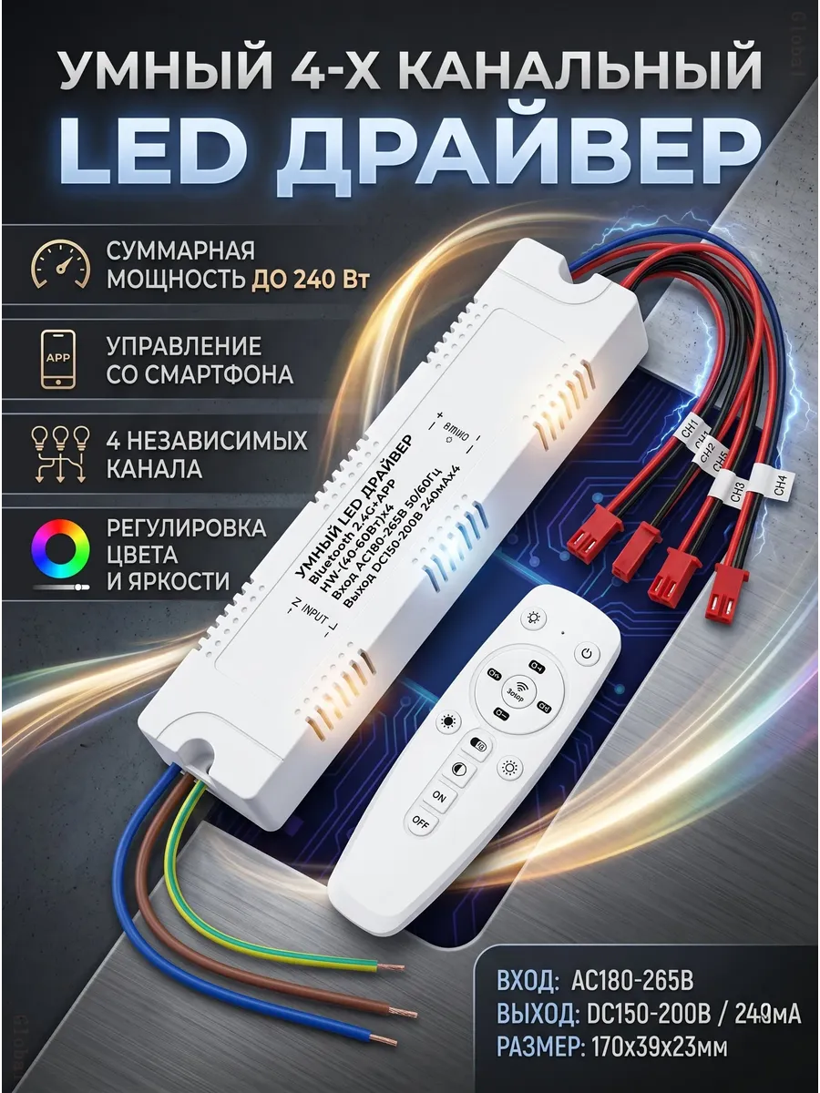 Умный LED контроллер с пультом и Bluetooth 40-60W x4