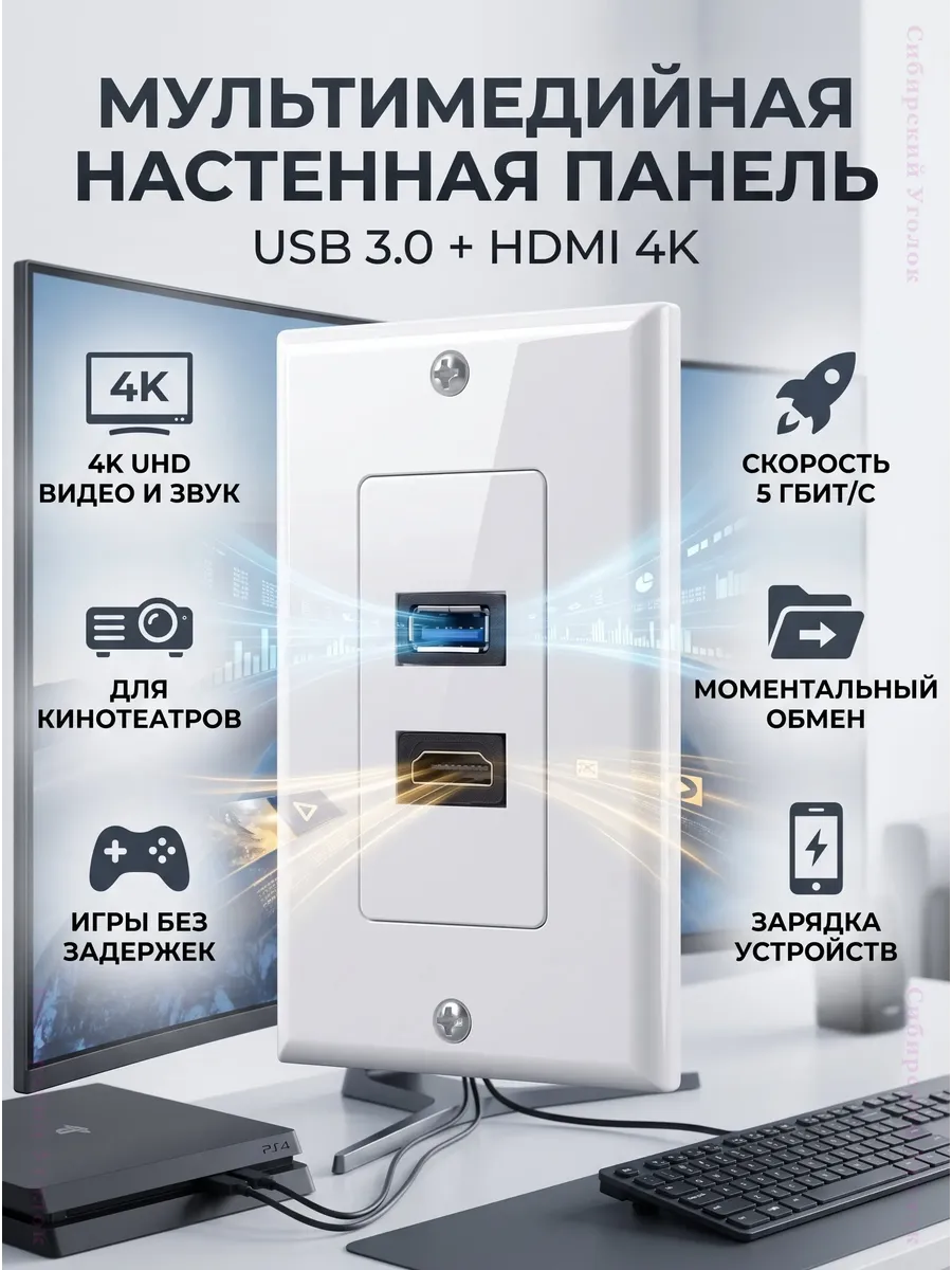 Настенная розетка HDMI 4K и USB 3.0
