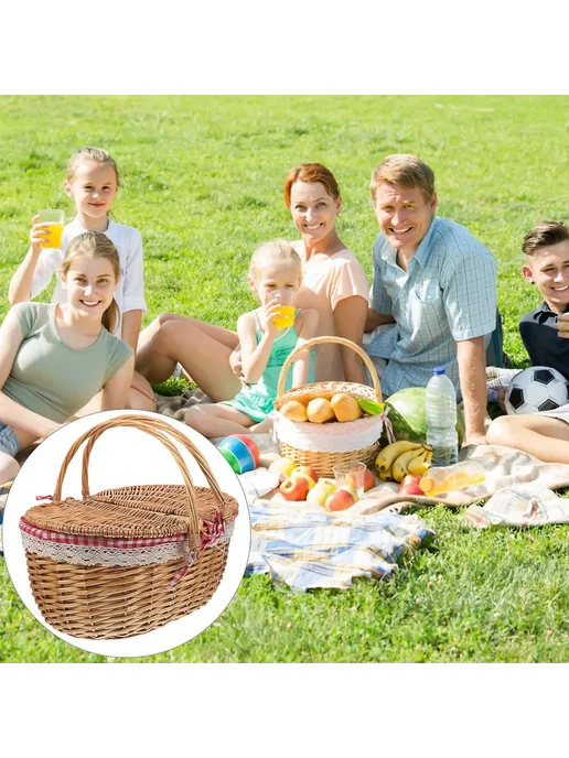 Плетеная корзина для пикника с крышкой и ручками, белый, фото 3