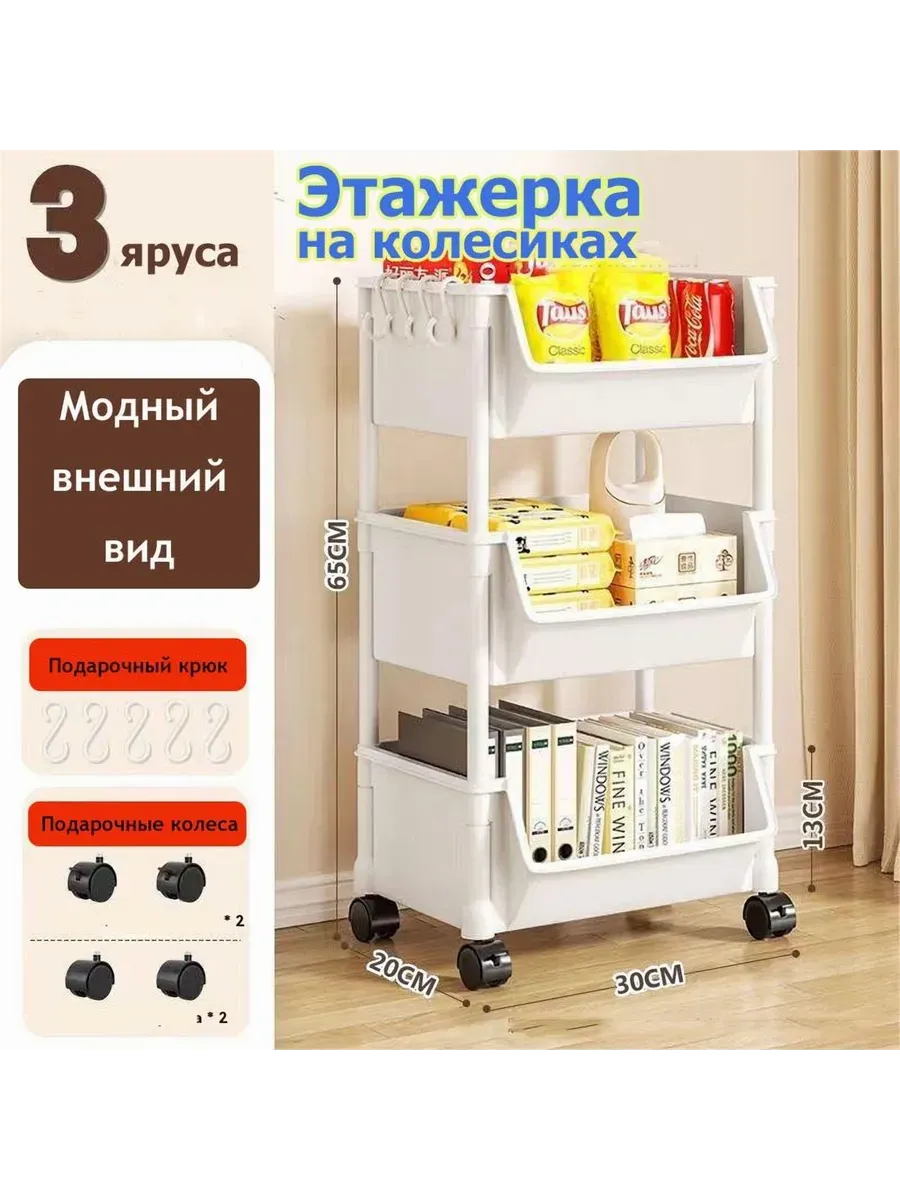 Этажерка на колесиках 3 яруса узкая для кухни и ванной