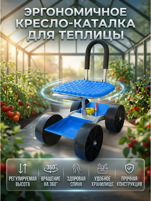 Складная садовая тележка-сиденье на 4 колесах, синий