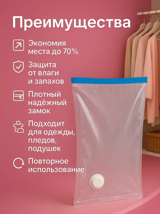 глясаж1 Вакуумный пакет для хранения вещей с герметичным клапаном, белый, фото 2