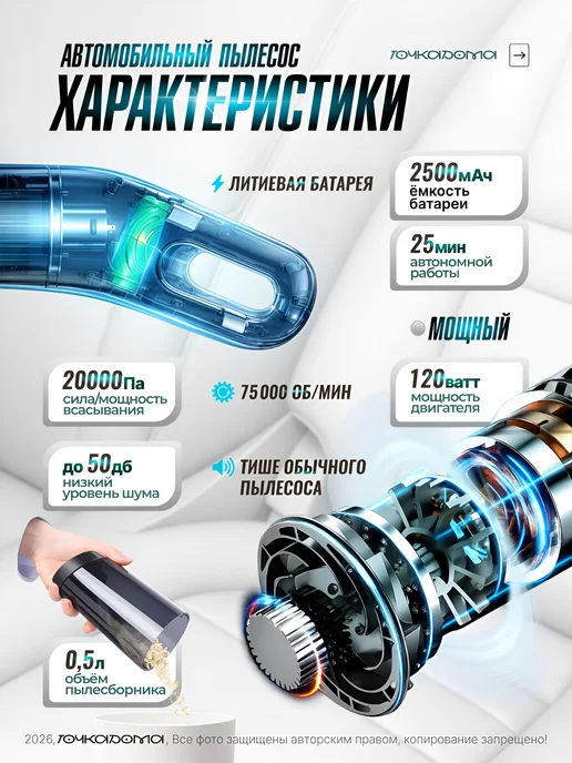 Пылесос для автомобиля автопылесос беспроводной, черный, фото 5