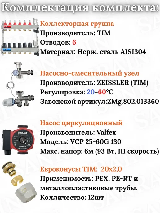 TIM Готовый комплект теплого пола на 6 контура под трубу 20х2, вариант, фото 2