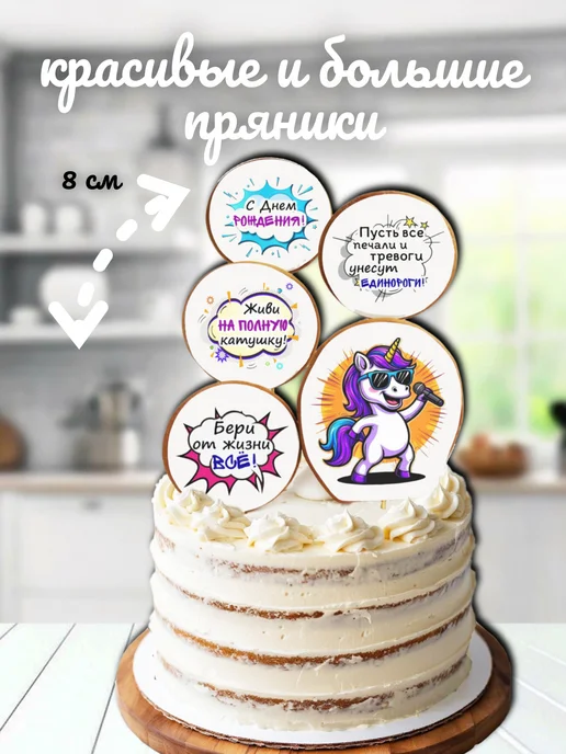 ЕМ ПРЯНИКИ Пряники на торт для девочки "прикольный единорог ", 5шт, 5 шт, фото 2