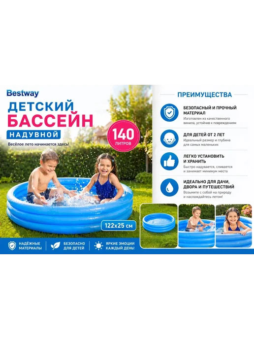 Бассейн детский надувной для купания дачи дома круглый, синий, фото 2