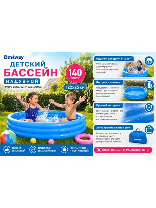 Бассейн детский надувной для купания дачи дома круглый, синий, фото 3