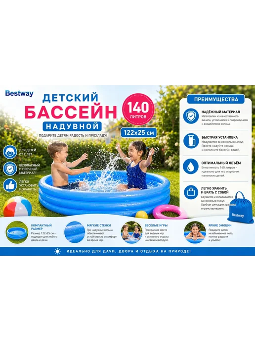 Бассейн детский надувной для купания дачи дома круглый, синий, фото 4