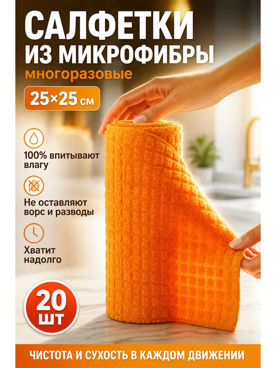 Салфетки из микрофибры в рулоне 20 шт, многоразовые