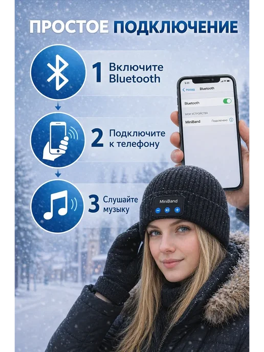 Мо и ника 5 Шапка с Bluetooth наушниками зимняя беспроводная, черный, фото 4
