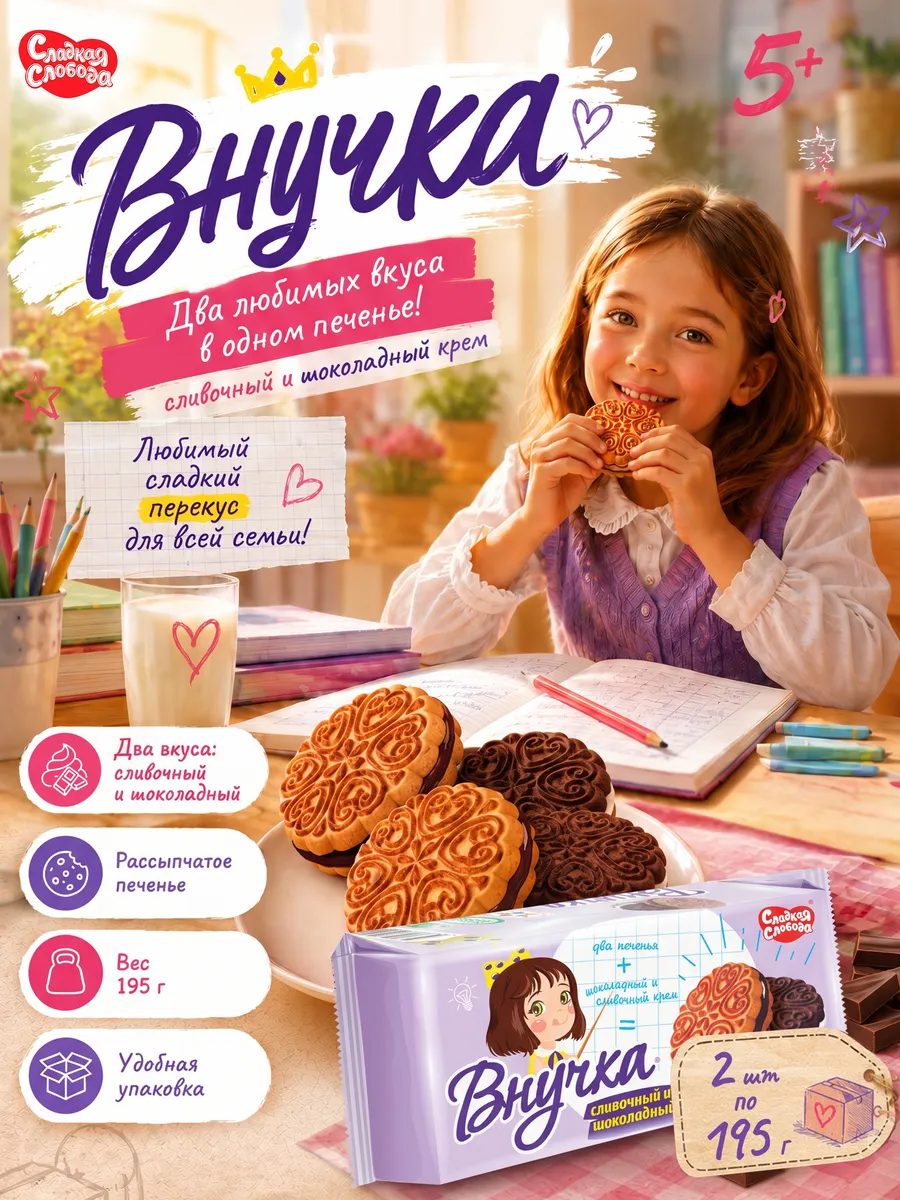 Печенье сэндвич Внучка ассорти 390 гр (2 шт по 195 гр)