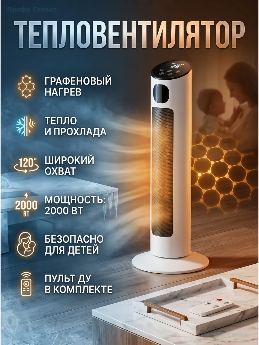 Тепловентилятор колонный 2000 Вт с пультом и LED дисплеем