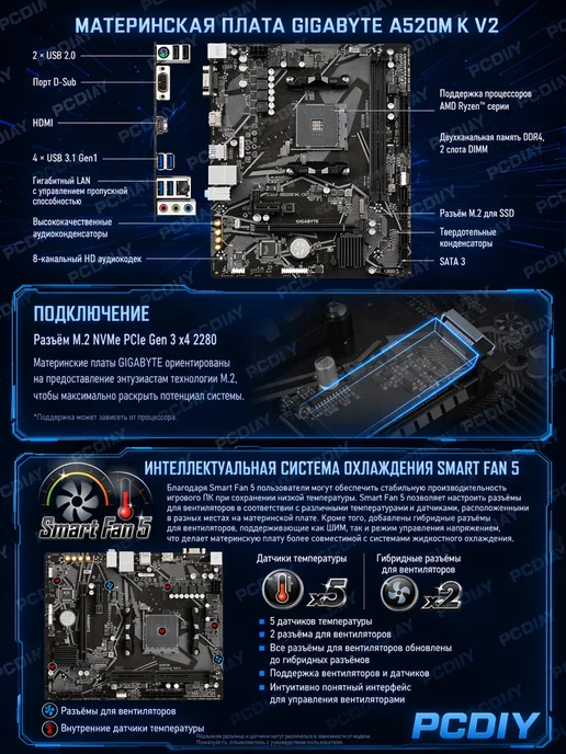 Gigabyte A520M-K V2 материнская плата DDR4 AM4 RYZNE 5500 5600, вариант, фото 4